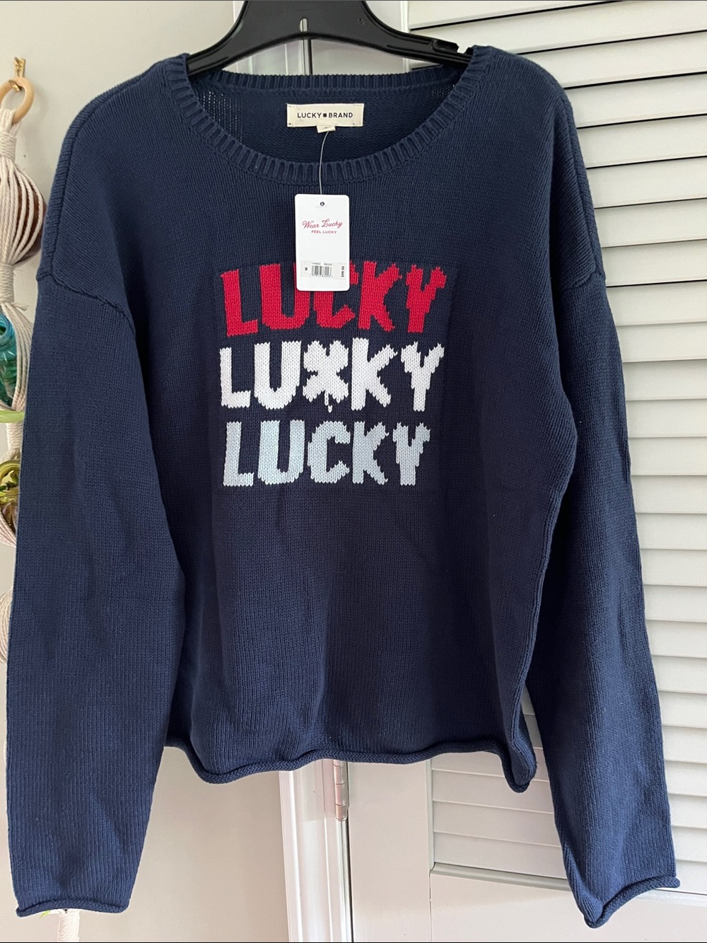 Lucky Brand Navy Crewneck Sweater with Red and White 'LUCKY' Intarsia